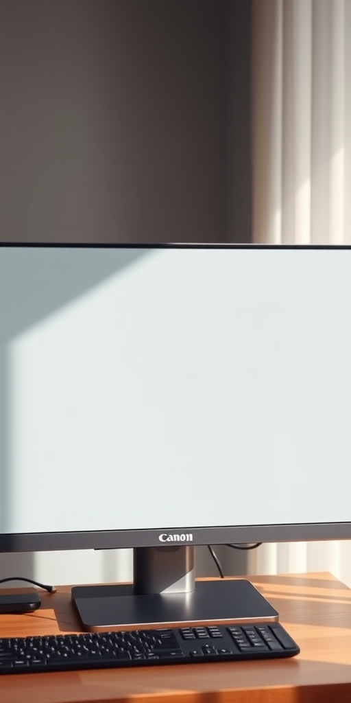 Create a high-resolution image of a blank computer monitor with a sleek design, using a Canon EOS R5 camera, 50mm lens, aperture set to f/2.8, ISO 100, shot from a straight-on view, with soft natural lighting to enhance clarity and detail.