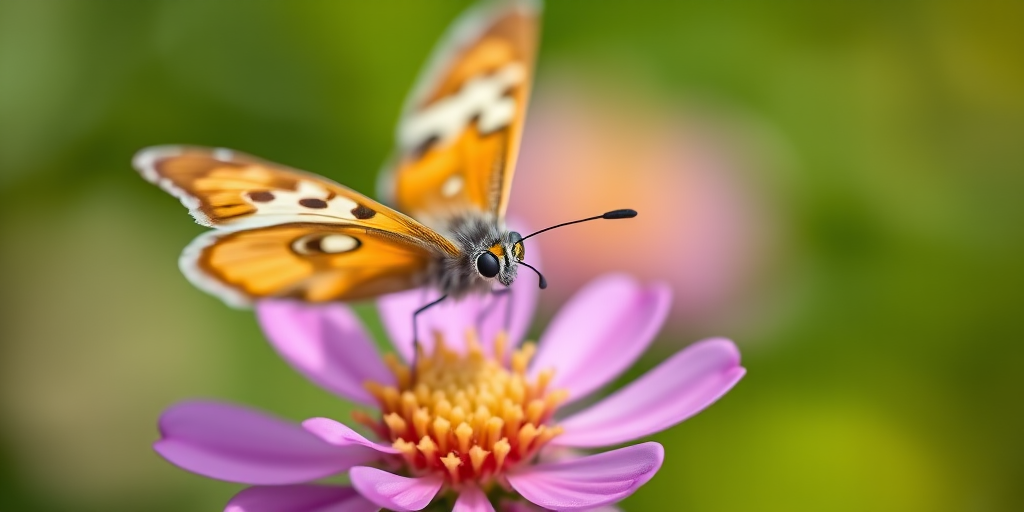 A close-up shot of a butterfly on a flower, using a macro lens, aperture f/2.8, shutter speed 1/500 sec, ISO 200, natural lighting, with a blurred green background to enhance focus on the butterfly.