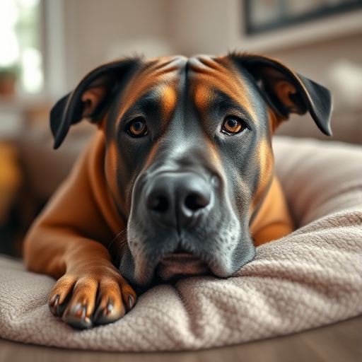 A close-up portrait of a large, expressive dog lying on a plush bed indoors, captured with a Canon EOS R5 at f/1.8, ISO 200, 1/100 sec, natural light, shallow depth of field for a soft background blur.