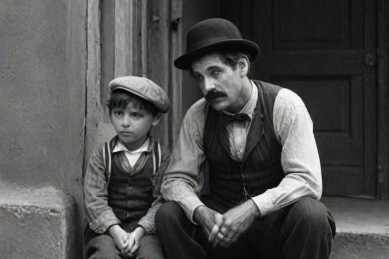 A black-and-white photograph of a man and a child sitting on steps in front of a doorway. The man is dressed as a tramp with a bowler hat, mustache, and ragged clothes, reminiscent of Charlie Chaplin's iconic look. He is sitting with his arms crossed and an expression of slight sadness or frustration. Next to him is a young boy, also in worn clothes and a cap, sitting with his hands clasped, looking thoughtful. The background is an old, textured wall and a partially open door, creating a vintage, early 20th-century atmosphere.