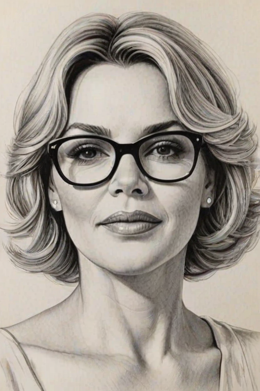 Gorgeous Kim Cattrall, pencil sketch, portrait of Charming woman 1957s in glasses, hair style beatnik, outline, clear lines, fine lines, 8k