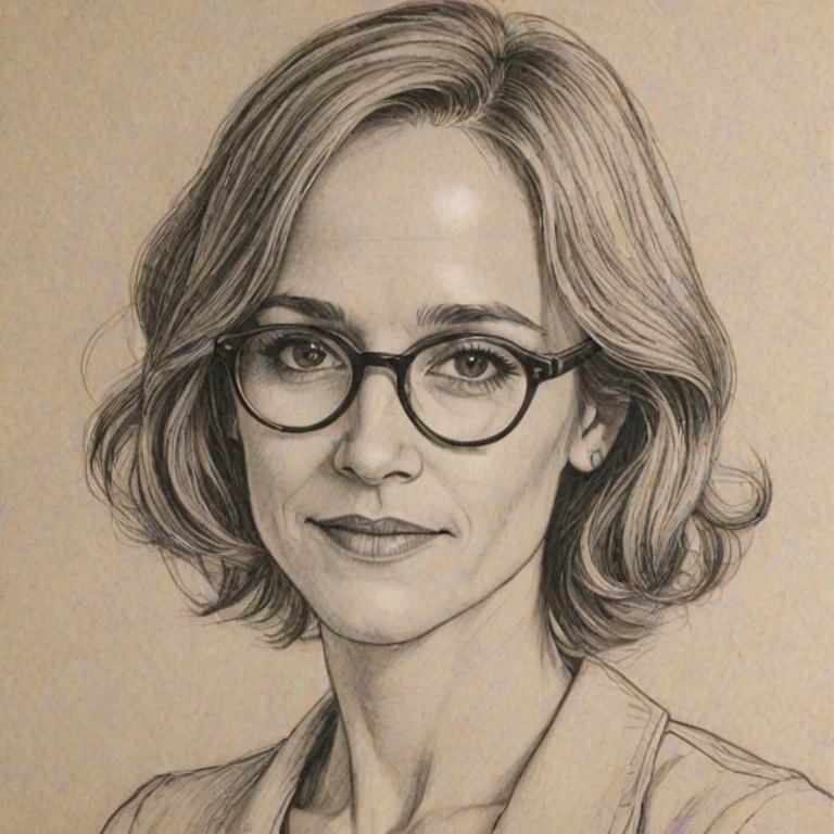 Attractive Holly Hunter, pencil sketch, portrait of Appealing woman 1927s in glasses, hair style beatnik, outline, clear lines, fine lines, 8k