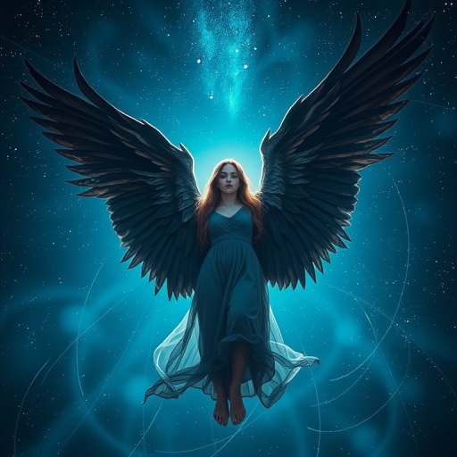 Create an ethereal image of a mystical female figure with large, dark wings soaring through a starry, deep blue background with swirling light effects, using a DSLR camera at f/2.8, ISO 100, 1/200s, wide-angle lens, capturing a dynamic perspective for enhanced detail and vibrancy.