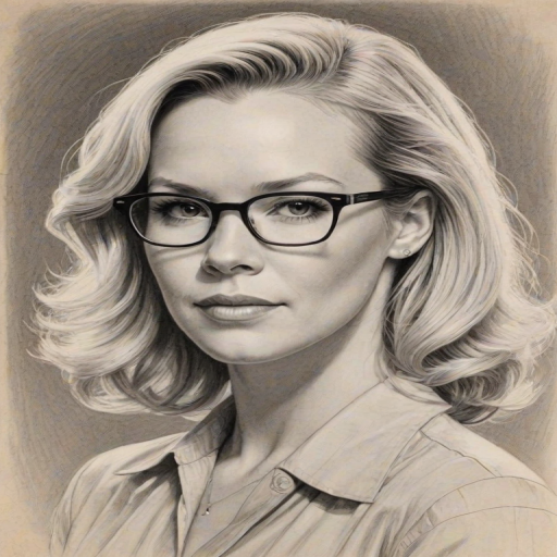 Fascinating Jennie Garth, pencil sketch, portrait of Wonderful woman 1942s in glasses, hair style beatnik, outline, clear lines, fine lines, 8k