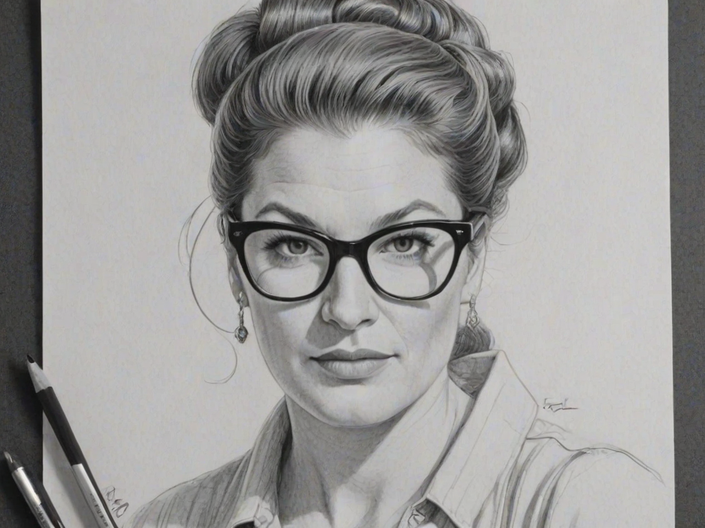 Sublime Ana Gasteyer, pencil sketch, portrait of Fetching woman 1956s in glasses, hair style beatnik, outline, clear lines, fine lines, 8k