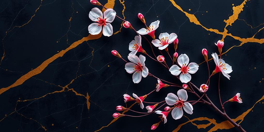 create a high-resolution digital artwork of abstract floral design featuring blooming cherry blossoms on a marbled dark background with golden accents, shot with a DSLR camera at f/2.8 aperture, ISO 100, 50mm lens, top-down view, natural lighting to enhance colors and details