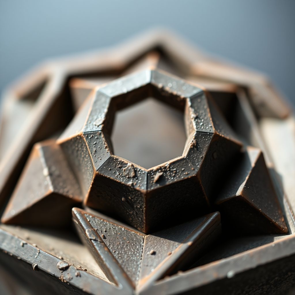 Create a high-resolution close-up image of an abstract geometric shape, shot with a Canon EOS R5, 50mm lens, aperture f/2.8, shutter speed 1/125, ISO 100, natural lighting, with a shallow depth of field to emphasize details and textures.