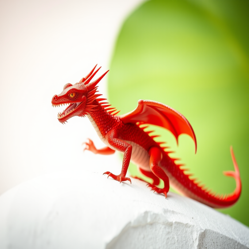 Create an image of a vibrant red dragon on a white and green background, captured with a DSLR camera at f/5.6, ISO 200, 24mm focal length, shallow depth of field, in daylight for optimal color richness and clarity.