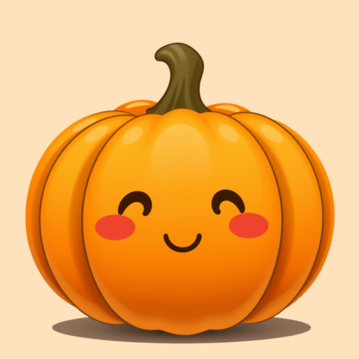 Create a kawaii-style pumpkin with a cheerful, happy face and rosy cheeks. The pumpkin should be vibrant orange with a shiny texture. Design it to be cute and playful, ideal for a light-hearted Halloween or autumn theme, with a simple and whimsical expression.