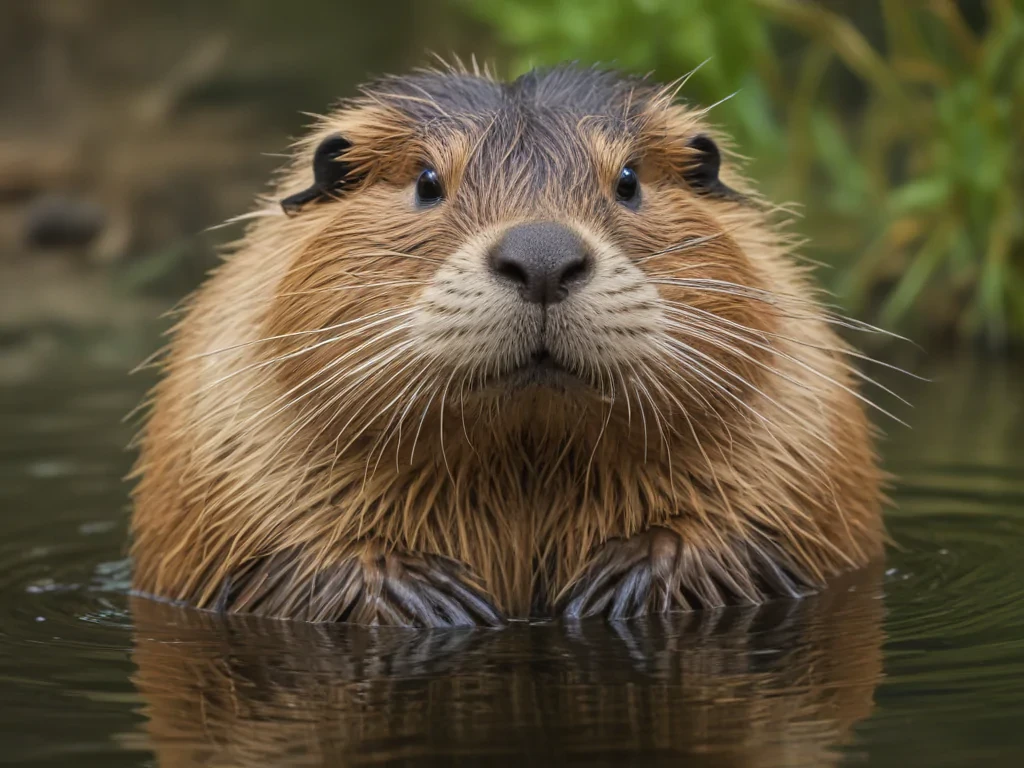 A Curious Beaver Peeks Above the Water Surface in Its Habitat.