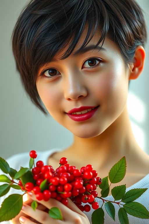 Portrait of a young woman with short black hair holding a bouquet of red berries, soft natural lighting, f/2.8 aperture, 85mm lens, ISO 100, shallow depth of field, captured from a 45-degree angle, using a DSLR camera.