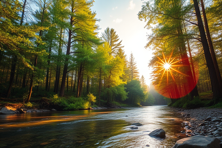 Create an image of a serene, sunlit forest scene with a clear, gently flowing river. Tall trees with lush green foliage line both sides of the river, their leaves bathed in the warm golden light of the setting or rising sun. The sunlight filters through the trees, casting soft, dappled light on the river, which flows over smooth rocks and pebbles, creating a peaceful, natural atmosphere. The sky is bright with a few scattered clouds, and the overall mood is tranquil, evoking a deep sense of connection with nature. The image captures the beauty of a calm, pristine forest landscape at either dawn or dusk.