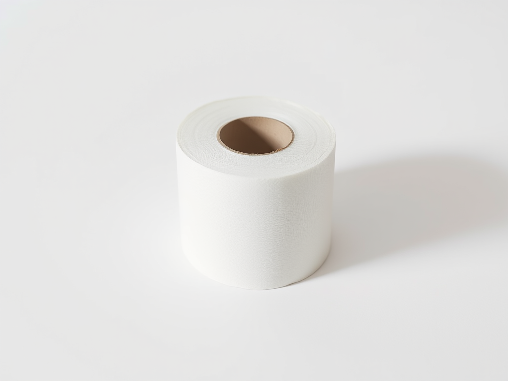 Create a high-resolution image of a single roll of toilet paper on a white background with natural lighting, using a DSLR camera, 50mm lens, f/2.8 aperture, ISO 100, and a shallow depth of field for a clean and modern look.