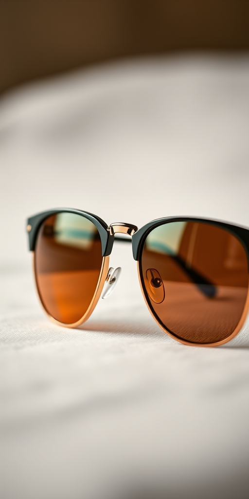 Create a high-resolution image of stylish sunglasses on a soft-focus background with a Canon EOS 5D Mark IV, 50mm lens, f/2.8 aperture, 1/200 sec shutter speed, and ISO 100.