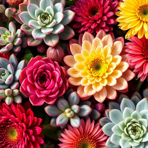 Generate a highly detailed and vibrant illustration of a variety of succulent plants and flowers including peonies and gerbera daisies, using a macro lens with an aperture of f/2.8, ISO 100, and a 50mm lens, captured in natural light for enhanced color and depth.