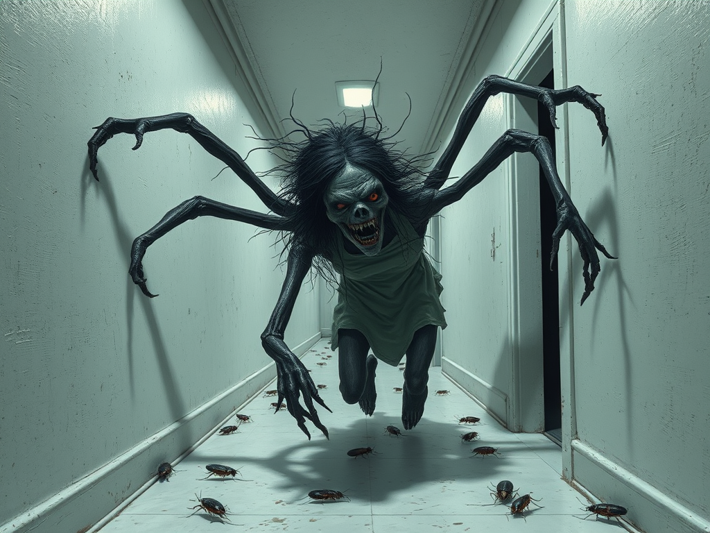 a crooked female with long arms and a creepy smile is crawling along a long white corridor and you can also see cockroaches in it there is a creepy atmosphere creepy art style