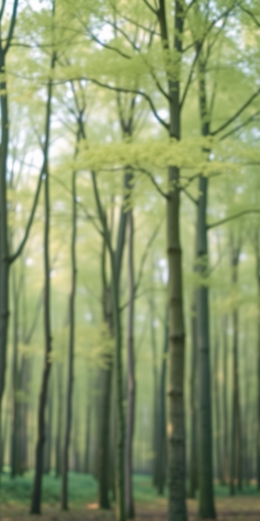 Create a serene forest scene with soft, pastel colors, featuring tall trees with light green leaves in a light hazy atmosphere, capturing the tranquility of nature with a shallow depth of field and bright exposure, using a DSLR camera at f/2.8, ISO 200, and a wide-angle lens.
