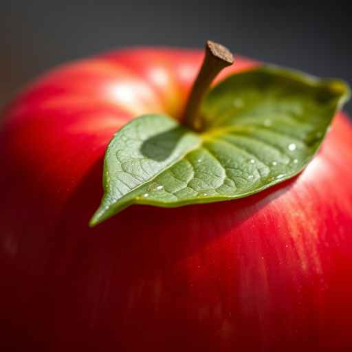 a realistic red apple with a shiny surface and a green leaf, close-up view, macro lens, aperture f/2.8, ISO 100, 50mm lens, natural lighting