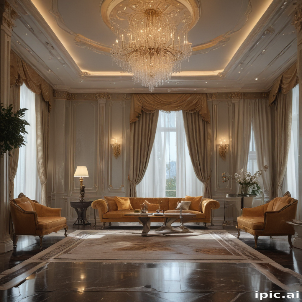 Elegant Living Room Interior with Luxurious Decor and Crystal Chandelier