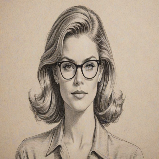 Elegant Samantha Ponder, pencil sketch, portrait of Ravishing woman 1947s in glasses, hair style beatnik, outline, clear lines, fine lines, 8k