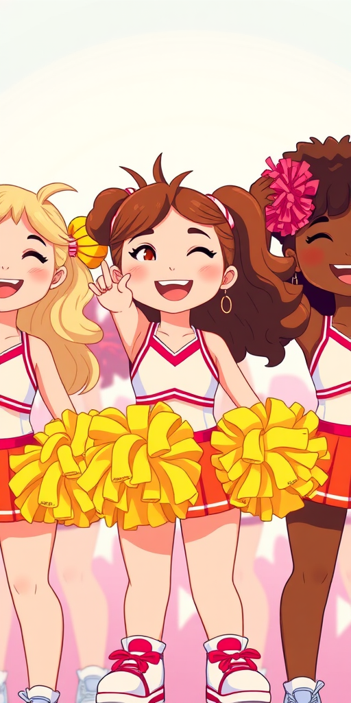 Create a vibrant illustration of cartoon cheerleaders of diverse ethnicities with colorful pom-poms, using a wide-angle lens, f/8 aperture, ISO 200, soft lighting, and a 50mm DSLR camera style to enhance image quality.