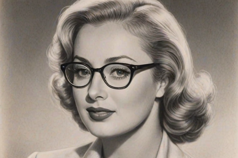 Stunning Shirley Jones, pencil sketch, portrait of Alluring woman 1937s in glasses, hair style beatnik, outline, clear lines, fine lines, 8k
