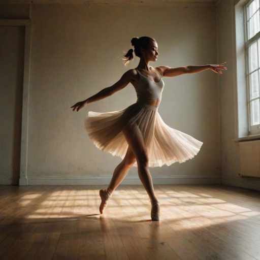Blurry action shot of a dancer spinning gracefully in a dimly lit studio, her movements a blur of motion, with soft light filtering through large windows and casting long shadows on the wooden floor.