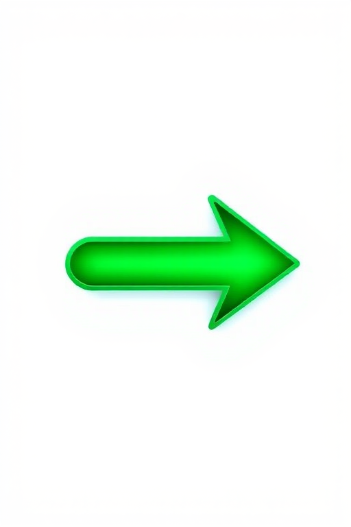 Create a high-resolution image of a glossy green left arrow pointing to the left, captured with a Canon EOS R5 camera using a 50mm lens at f/2.8, ISO 100, and a shutter speed of 1/125 sec, with a clean white background for contrast.