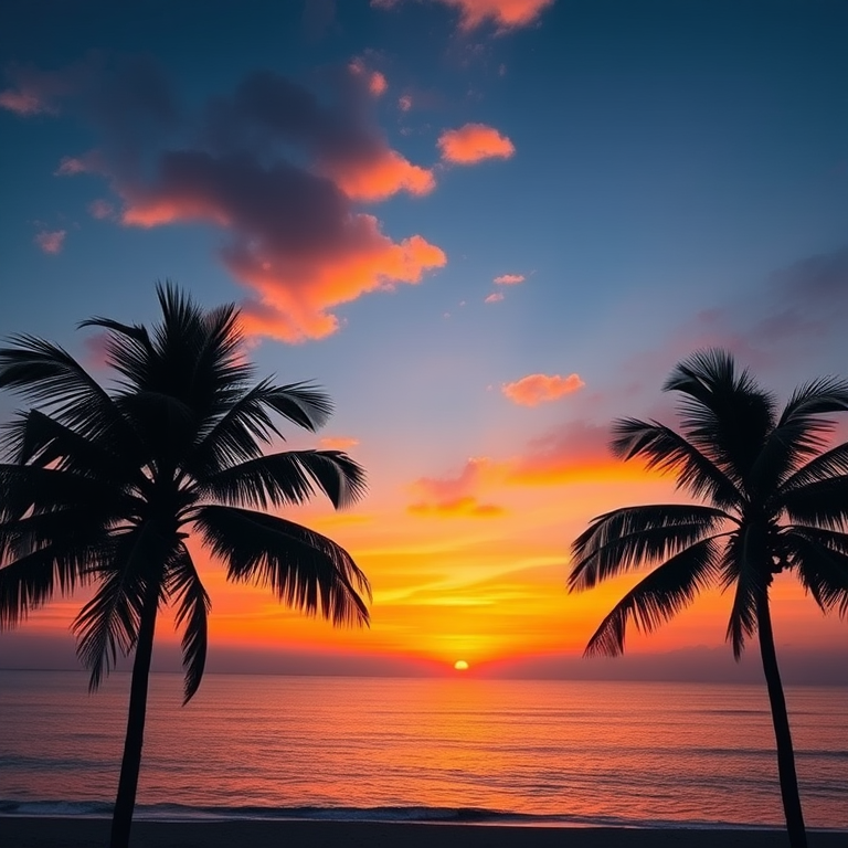 Generate an image of a vibrant sunset over a calm ocean with palm trees silhouetted in the foreground, using a DSLR camera with a 50mm lens, aperture set to f/1.8, ISO 100, and a shutter speed of 1/125 seconds, capturing a wide-angle view for enhanced depth.