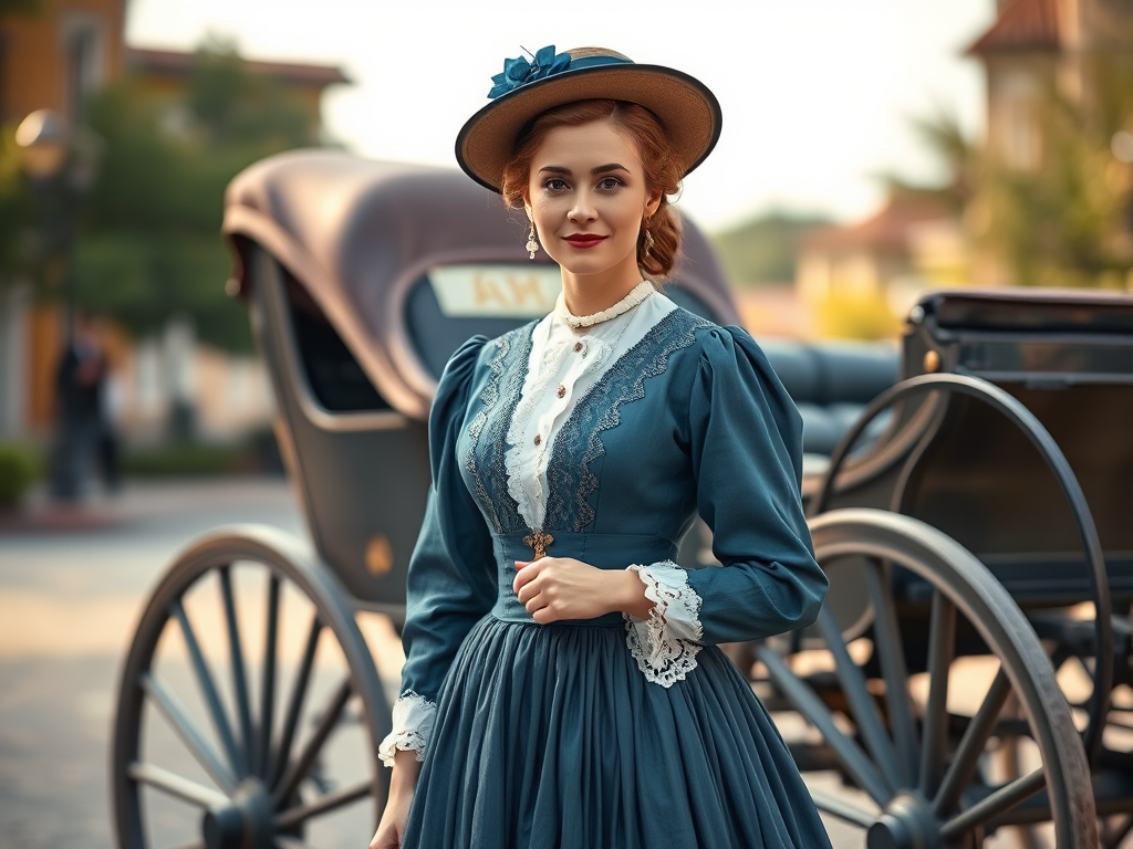 Generate a high-quality vintage illustration of a woman in period dress standing beside a horse-drawn carriage, captured with a Canon EOS R, 50mm f/1.8 lens, natural lighting, shallow depth of field, and a soft focus background for enhanced detail.
