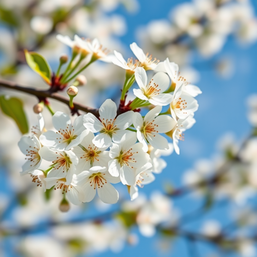 close-up of white blossom flowers on a tree branch against a clear blue sky, captured with a Canon EOS R5, 50mm lens, aperture f/2.8, ISO 100, 1/200s, natural light, photography style: macro.