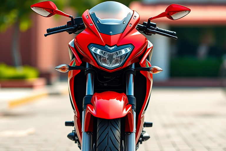 a vibrant red motorcycle drawn in a cartoon style, captured with a Canon EOS 5D Mark IV, 50mm lens, f/2.8 aperture, ISO 100, shallow depth of field, front three-quarter view, bright lighting for enhanced colors