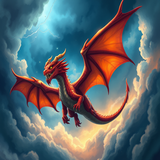 high-resolution digital illustration of a mythical dragon soaring through a stormy sky, vibrant colors, dynamic composition, 50mm lens, f/2.8 aperture, ISO 100, shot in raw format to enhance detail and clarity, wide-angle view, fantasy art style, digital painting technique
