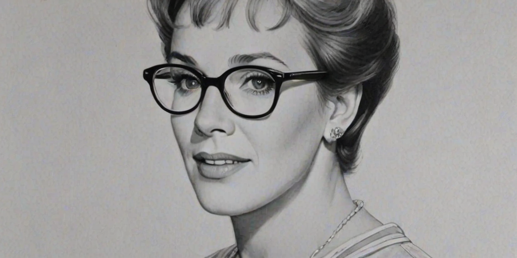 Beauteous Julie Andrews, pencil sketch, portrait of Fetching woman 1955s in glasses, hair style beatnik, outline, clear lines, fine lines, 8k