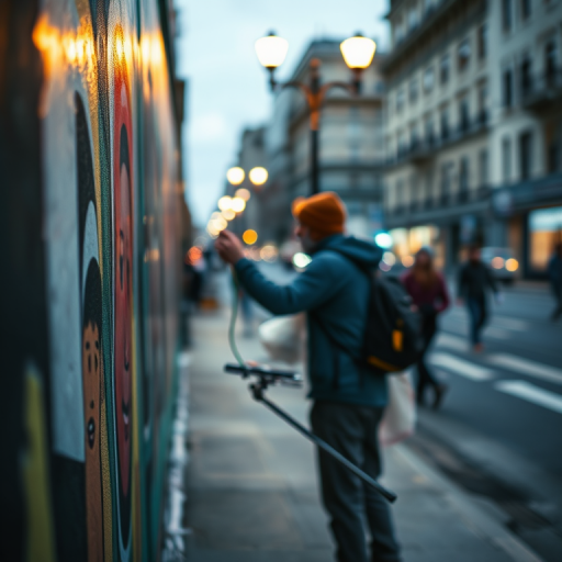 Blurry, candid photo of a street artist spray-painting a mural on a city wall, soft glow from nearby streetlights illuminating their work, distant pedestrians walking by, and the smell of fresh paint in the air.