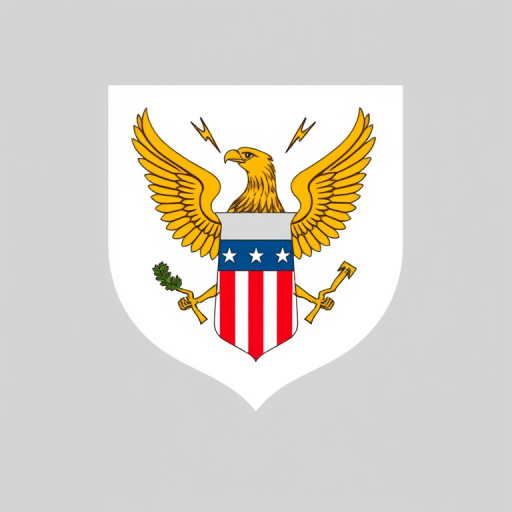 Create an image of the emblem featuring a golden eagle with outstretched wings holding a palm branch and lightning bolts, a shield with red and white stripes and a blue band at the top, high resolution, 50mm lens, f/8 aperture, ISO 100, natural lighting, centered composition, minimal background.