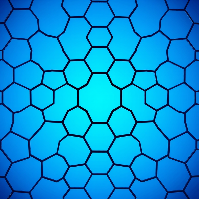 Create a high-resolution image of a hexagonal pattern with a gradient blue background, using a DSLR camera with a 50mm lens, f/8 aperture, ISO 100, 1/200 sec shutter speed, viewed from a slightly elevated angle to enhance depth and texture.