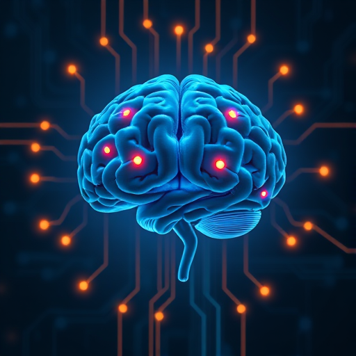 Create a high-resolution digital illustration of a brain connected to circuit board elements, emphasizing neural pathways with glowing blue and orange lines, taken with a Canon EOS 5D Mark IV at f/8, ISO 100, 1/200 sec, in a symmetrical, center-focused composition with a soft gradient background.