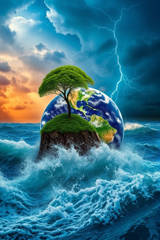Create an image of a vibrant Earth surrounded by turbulent ocean waves with a lush green tree growing from it, depicting a dramatic apocalyptic scene with swirling clouds and lightning, captured with a Canon EOS R5, 24mm lens, f/11 aperture, 1/250s shutter speed, ISO 100, HDR style for enhanced detail and color depth.