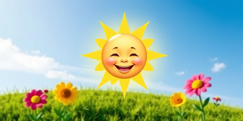 Create an image shows a bright, sun with a smiling baby's face in the center, radiating soft yellow rays. The sun is set against a clear blue sky with a few wispy clouds. Below, there's a lush green grassy hill with colorful, oversized flowers, giving the scene a whimsical, playful atmosphere.