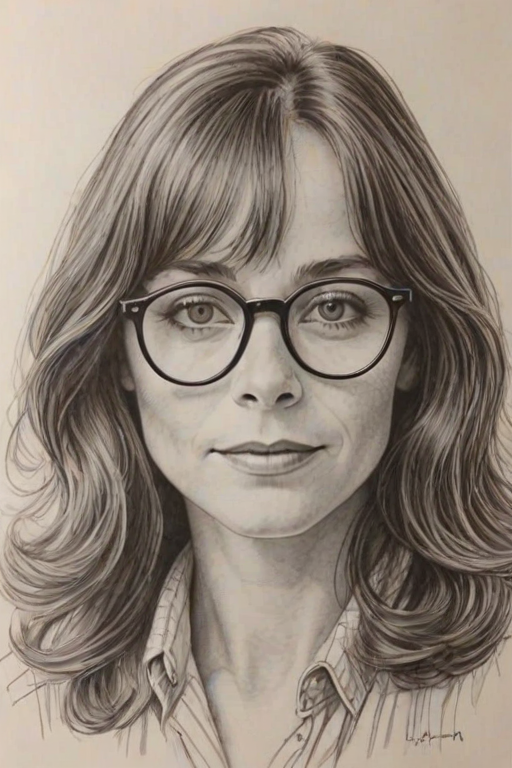 Superb Karen Allen, pencil sketch, portrait of Enchanting woman 1979s in glasses, hair style beatnik, outline, clear lines, fine lines, 8k