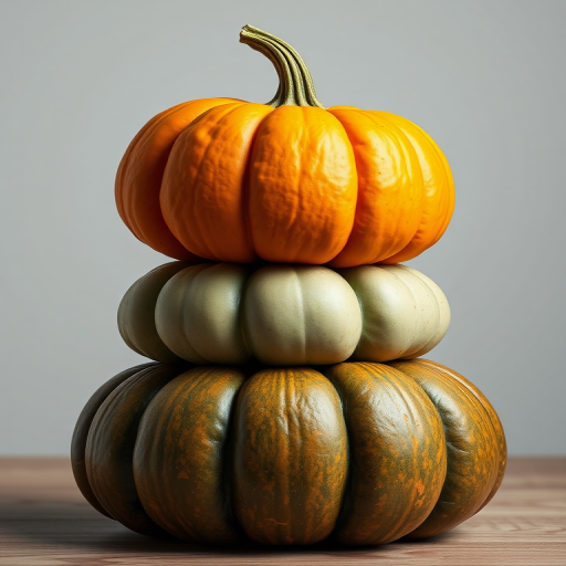 Create a digitally illustrated image of three pumpkins stacked on top of each other, the top one is bright orange, the middle one is muted green, and the bottom one is a darker green, use high-resolution settings with a Canon EOS R5, aperture f/8, focal length 50mm, and a soft light background to enhance the pumpkin textures and colors.