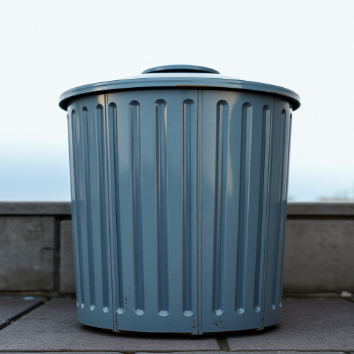 Regenerate a high-quality image of a classic round trash can with vertical stripes, taken from a low angle using a DSLR camera with a 50mm lens, aperture set to f/2.8 for a shallow depth of field, ISO 100 to minimize noise, and natural lighting for enhanced details.