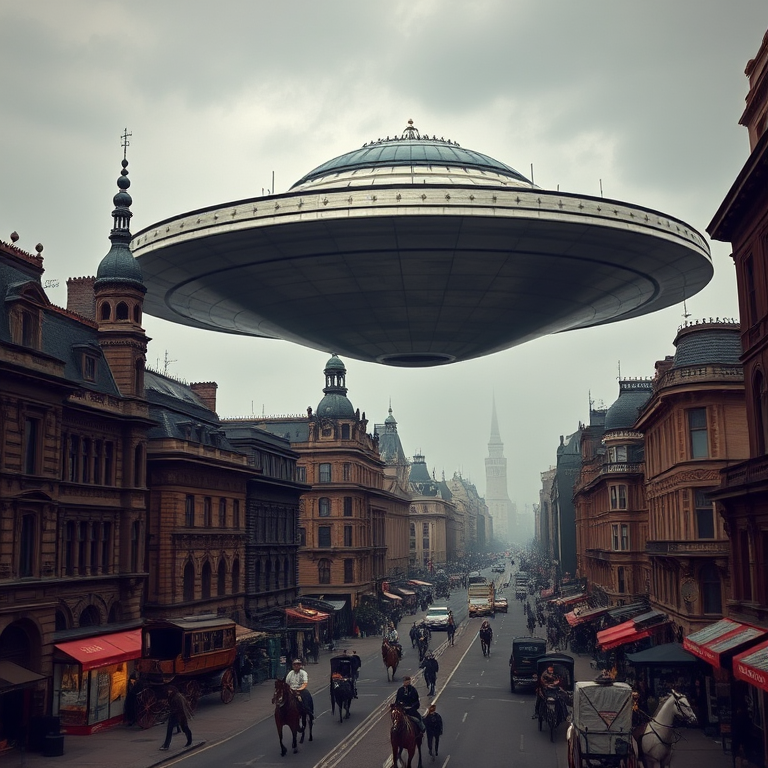 fantastical steampunk cityscape with an enormous flying saucer above Victorian architecture, bustling streets with horses and carriages, soft overcast lighting, 50mm lens, f/4 aperture, ISO 100, HDR processing, shot with a full-frame DSLR