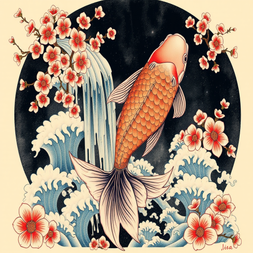 Japanese-inspired irezumi tattoo named "Koi Ascension" with a large, flowing koi fish swimming up a cascading waterfall, surrounded by cherry blossoms and waves, ideal for a full back or sleeve design