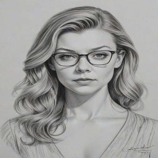 Appealing Natalie Dormer, pencil sketch, portrait of Dazzling woman 1980s in glasses, hair style beatnik, outline, clear lines, fine lines, 8k