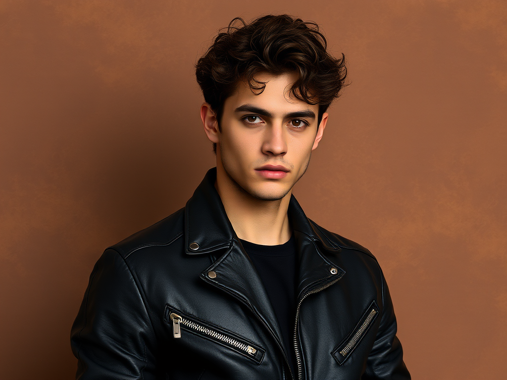 a male model with curly hair wearing a black leather motorcycle jacket, posing against a textured brown background with a serious expression