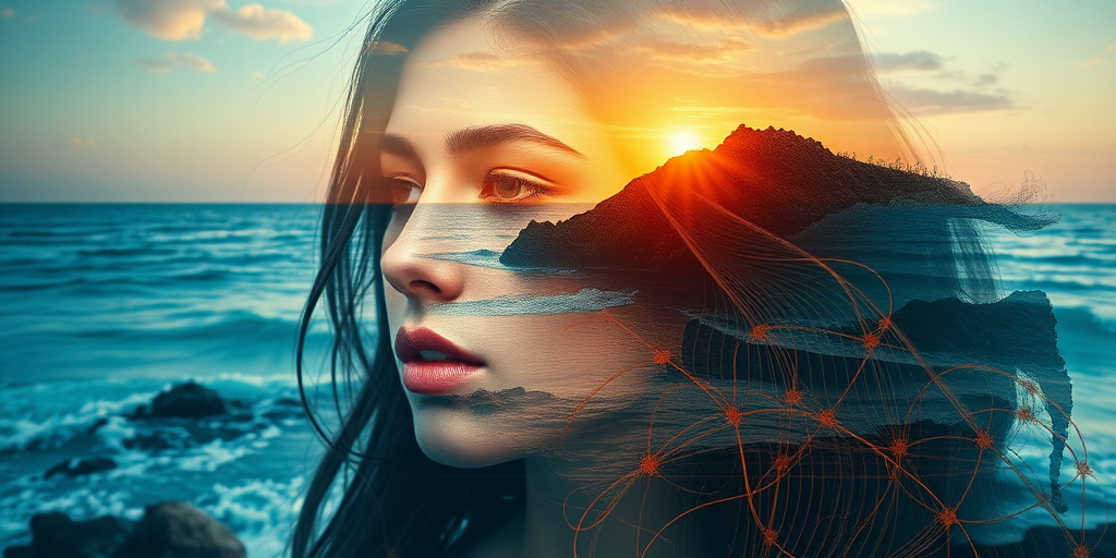 create Book cover, A surreal double exposure portrait that blends a woman's face with a beautiful seascape. The overall mood is dreamy and mystical, with rich colors and intricate details