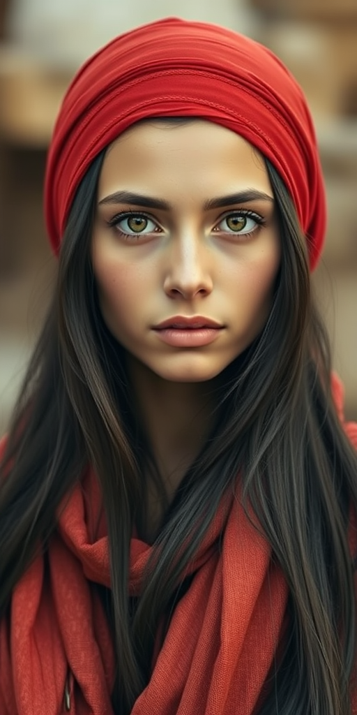 Create a portrait of a young Berber woman with long, dark hair and captivating hazel eyes. She is wearing a red headscarf and a matching scarf draped gracefully around her neck. The background is softly blurred, focusing attention on her serene and natural expression. The overall color palette is muted and warm, enhancing the intimate and authentic feel of the portrait.