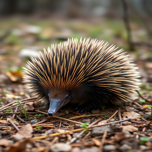 Create a high-resolution image of an echidna in a natural setting, using a DSLR camera with a 50mm lens, aperture f/2.8, shutter speed 1/200s, ISO 200, taken from a low angle to capture details of its spines and habitat.